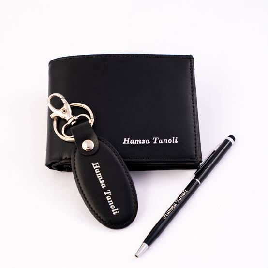 Customized Black Leather Wallet+Keychain+Smooth Pen