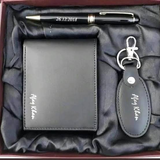 Customized Black Leather Wallet+Keychain+Smooth Pen