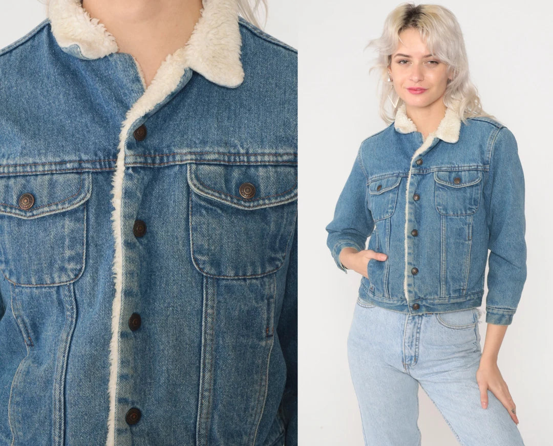 "Unisex Winter-Ready Denim Jacket with Luxe White Fur Collar"