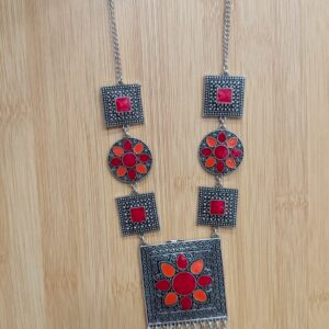 Vintage Afghan Charm: Handcrafted Oxidized Silver Collection (Orange - Red)