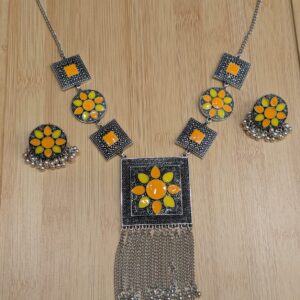 Vintage Afghan Charm: Handcrafted Oxidized Silver Collection(Yellow)