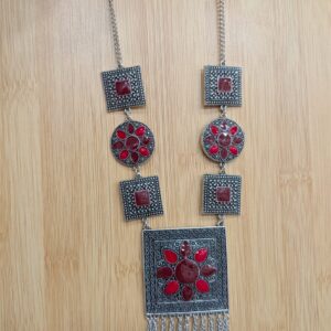 Vintage Afghan Charm: Handcrafted Oxidized Silver Collection (Maroon)