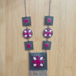 Vintage Afghan Charm: Handcrafted Oxidized Silver Collection (Pink)