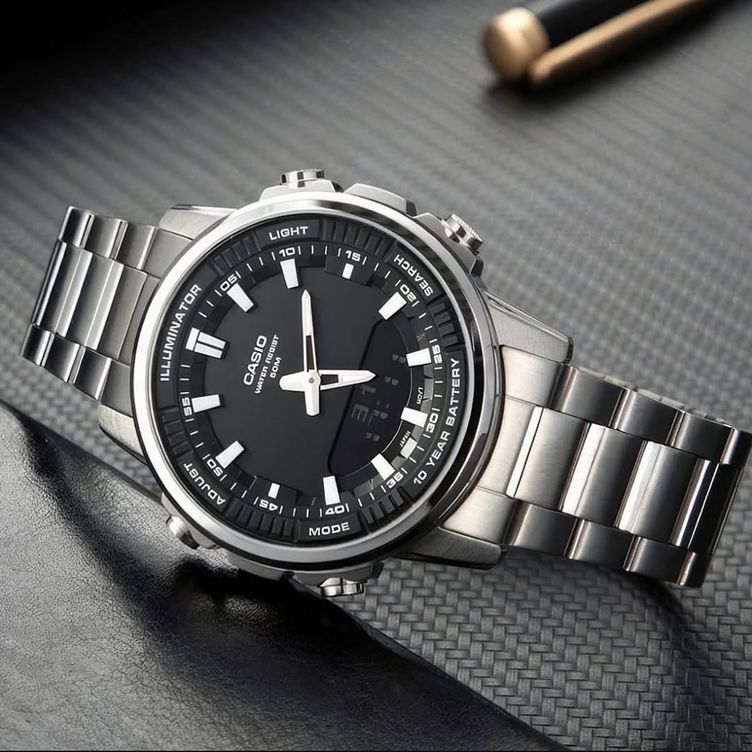 Casio Standard Illuminator Dual Time Stainless Steel Chain Watch AMW-880D-2A2VDF