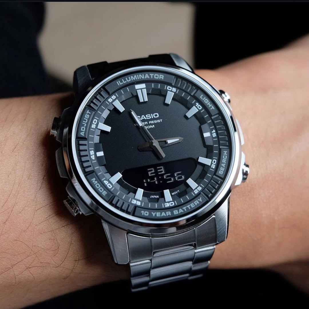 Casio Standard Illuminator Dual Time Stainless Steel Chain Watch AMW-880D-2A2VDF - Image 7