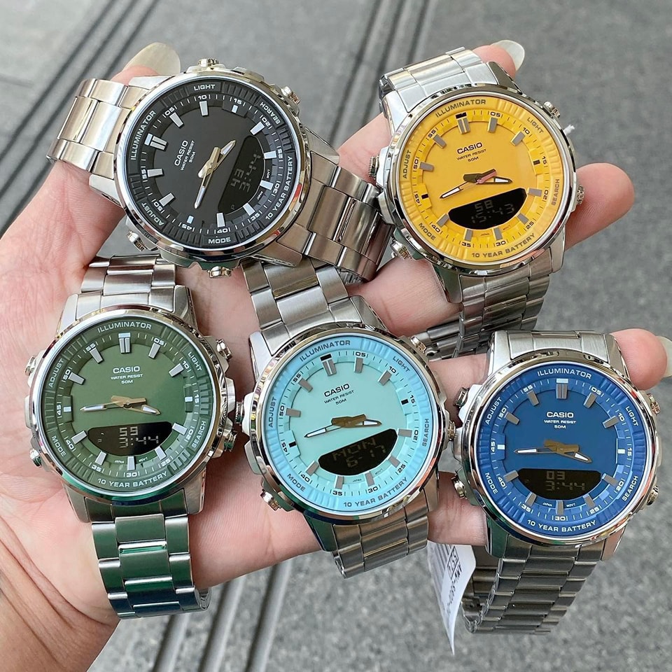 Casio Standard Illuminator Dual Time Stainless Steel Chain Watch AMW-880D-2A2VDF - Image 8
