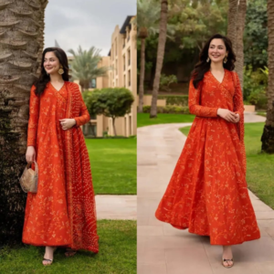 Orange Fully Embroidered 3 Piece Long Dress – Traditional Elegant Wear