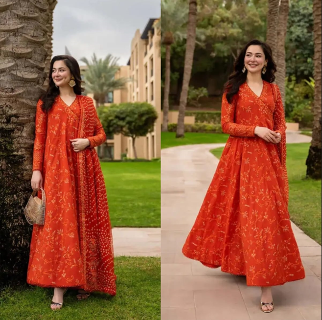 Orange Fully Embroidered 3 Piece Long Dress – Traditional Elegant Wear