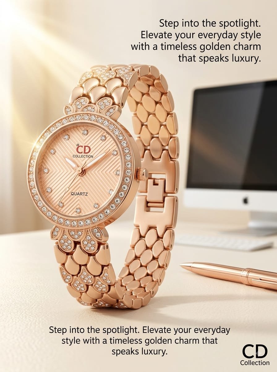 CD Collection Luxury Rhinestone Ladies Watch Rose Gold