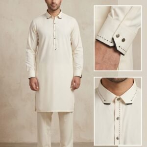 Pearl White (Off-White) Premium Stitched Shalwar Kameez