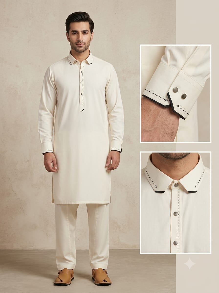 Pearl White (Off-White) Premium Stitched Shalwar Kameez