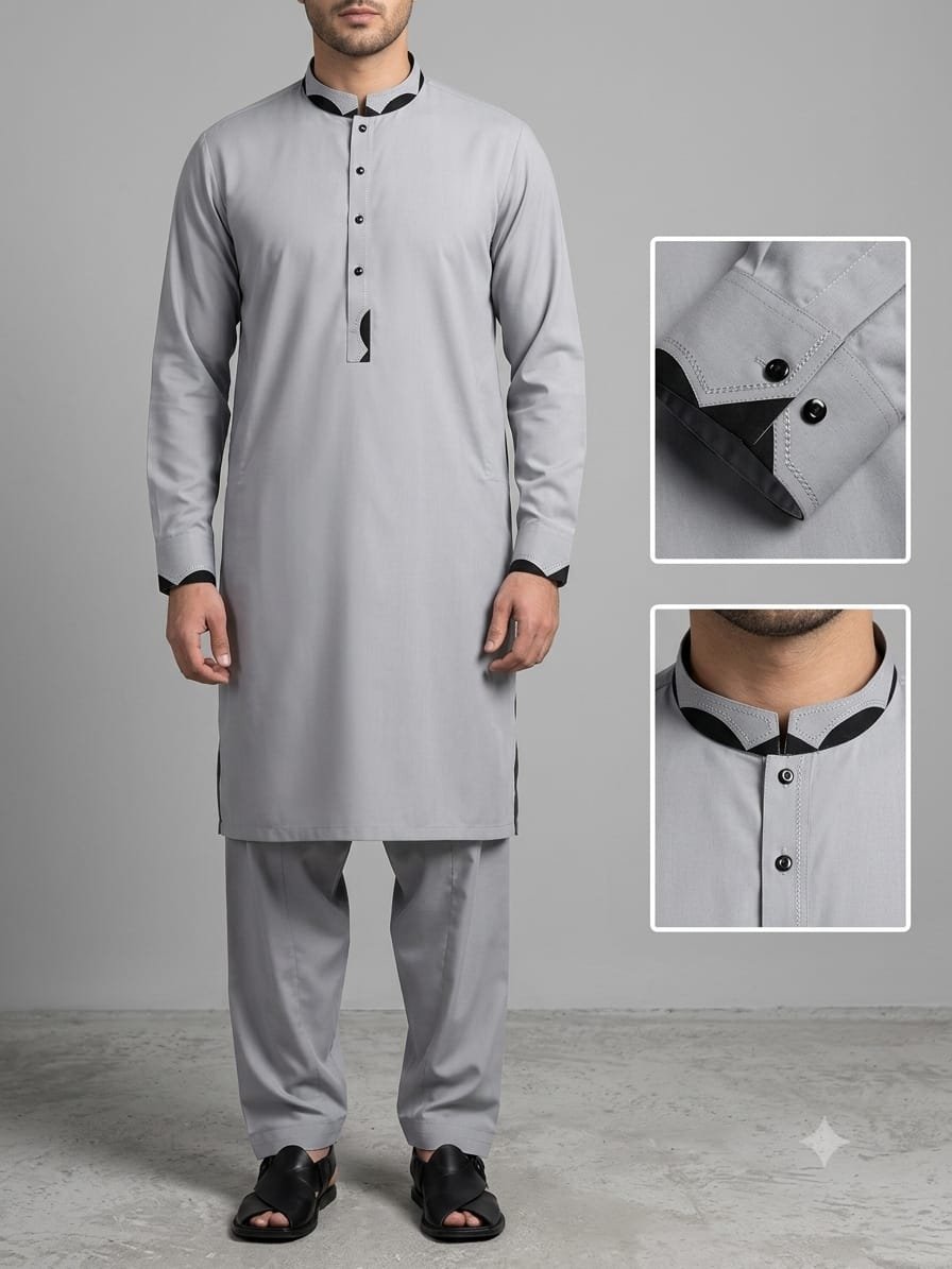 Light Silver Grey Premium Stitched Men’s Shalwar Kameez