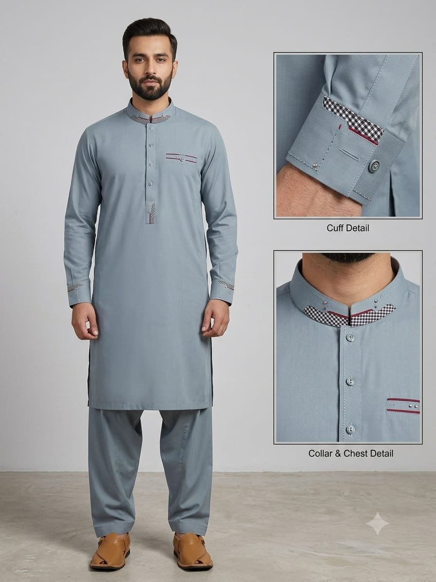 Dusty Blue Grey Premium Stitched Men’s Shalwar Kameez