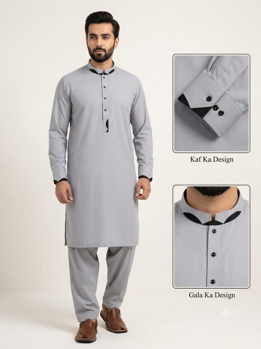 Light Silver Grey Premium Stitched Men’s Shalwar Kameez