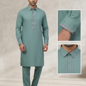 Premium Sage Green Embroidered Collar Shalwar Kameez