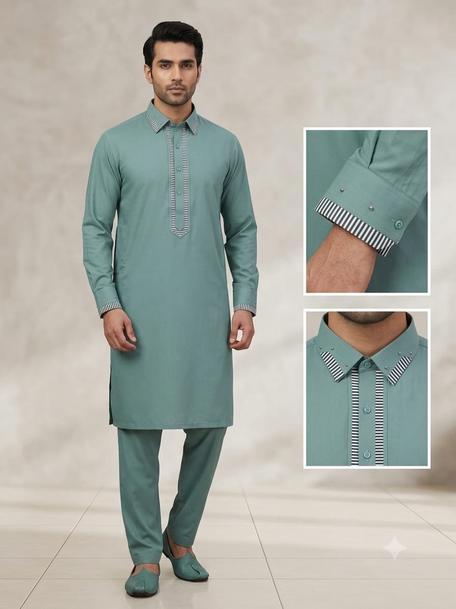 Premium Sage Green Embroidered Collar Shalwar Kameez