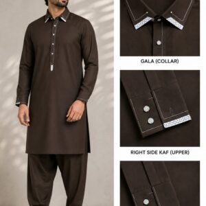 Premium Dark Chocolate Brown Stitched Shalwar Kameez – Designer Gala Collar & Cuffs