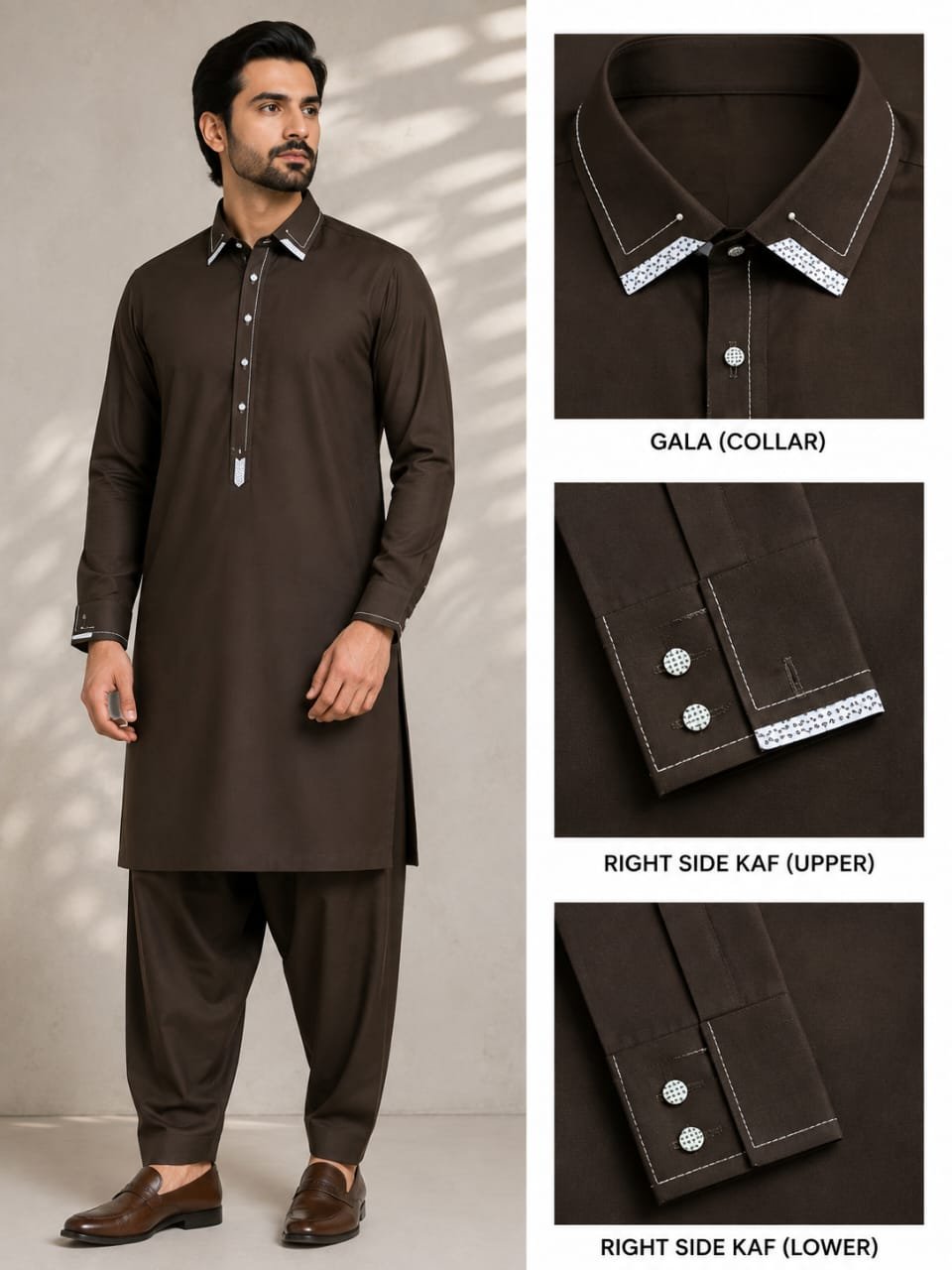 Premium Dark Chocolate Brown Stitched Shalwar Kameez – Designer Gala Collar & Cuffs