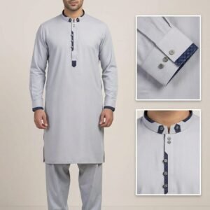 Premium Ice Grey Shalwar Kameez with Navy Blue Contrast Detailing