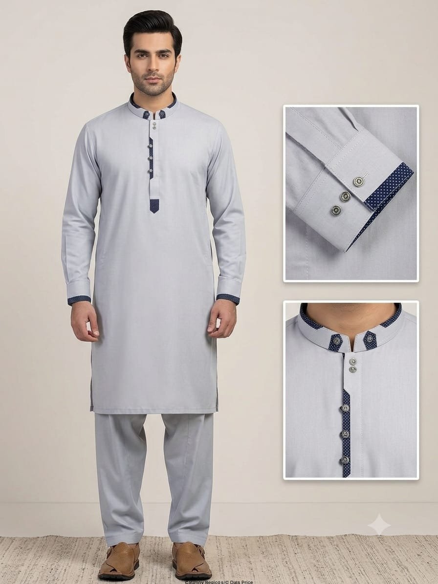 Premium Ice Grey Shalwar Kameez with Navy Blue Contrast Detailing