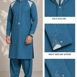 Premium Teal Blue Stitched Shalwar Kameez – Designer Gala Collar & Cuffs