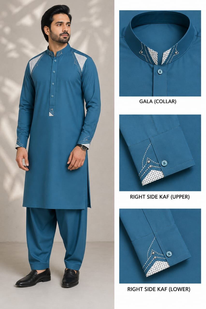 Premium Teal Blue Stitched Shalwar Kameez – Designer Gala Collar & Cuffs