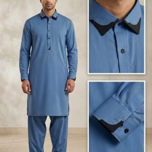 Premium Steel Blue Stitched Shalwar Kameez – Designer Collar & Cuffs