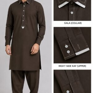 Premium Dark Chocolate Brown Stitched Shalwar Kameez – Designer Gala Collar & Cuffs