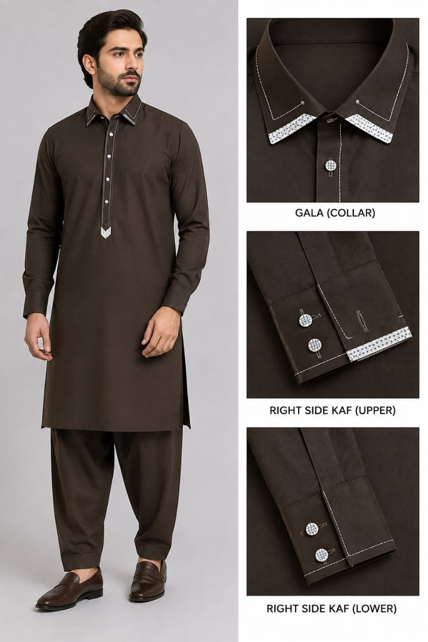 Premium Dark Chocolate Brown Stitched Shalwar Kameez – Designer Gala Collar & Cuffs