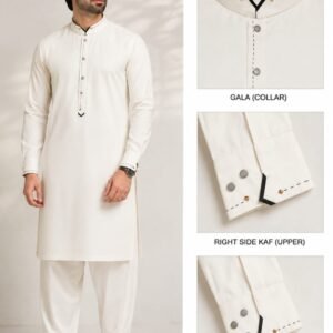 Premium Ivory White Stitched Shalwar Kameez – Elegant Gala Collar & Designer Cuffs