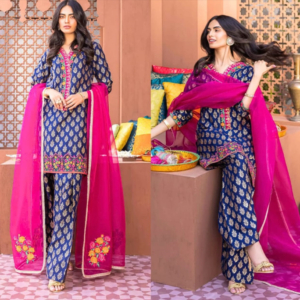 Navy Blue Printed 3-Piece Suit with Pink Dupatta