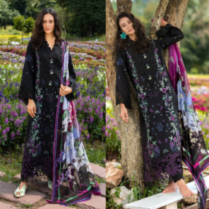 Black & Purple Embroidered 3-Piece Suit with Printed Dupatta
