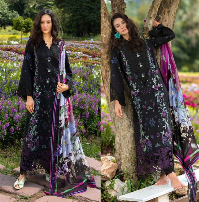 Black & Purple Embroidered 3-Piece Suit with Printed Dupatta