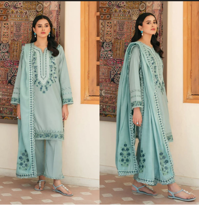 Light Blue Embroidered 3-Piece Suit with Matching Dupatta