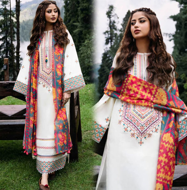 White Multicolor Embroidered 3-Piece Suit with Printed Dupatta