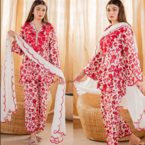 Red & White Floral Printed 3-Piece Suit with Dupatta