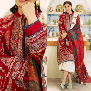 Red Printed 3-Piece Embroidered Suit with Printed Dupatta