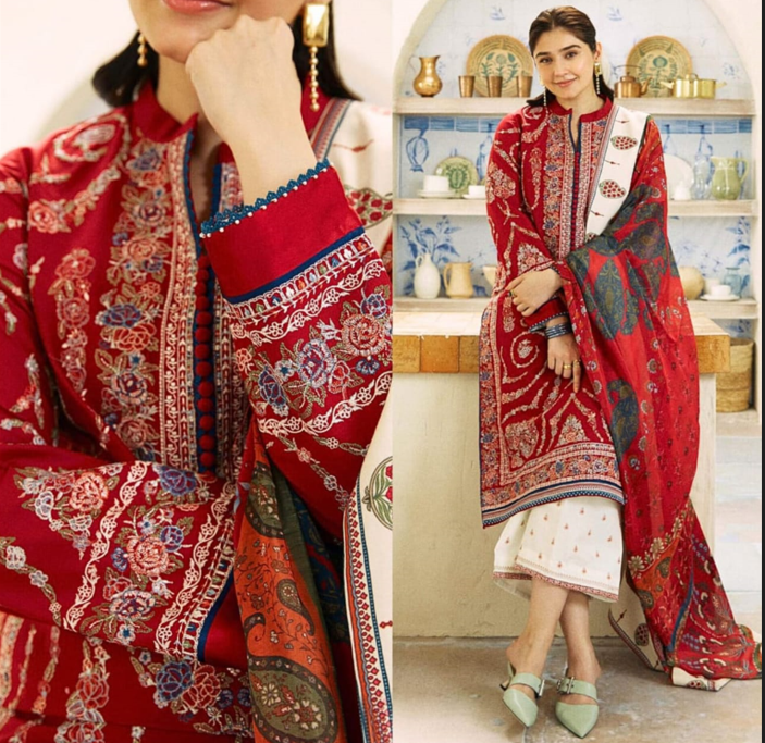 Red Printed 3-Piece Embroidered Suit with Printed Dupatta