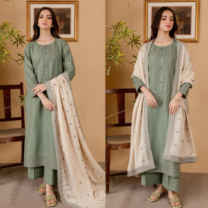 Sage Green Embroidered 3-Piece Suit with Printed Dupatta