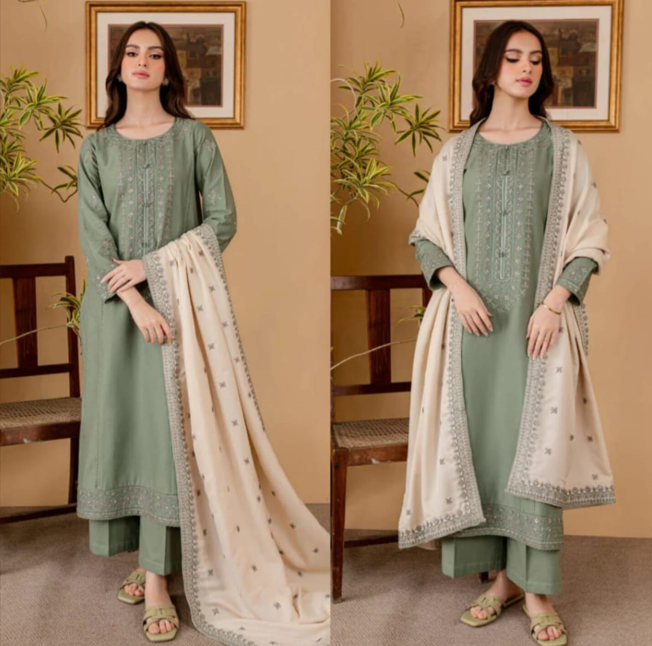Sage Green Embroidered 3-Piece Suit with Printed Dupatta