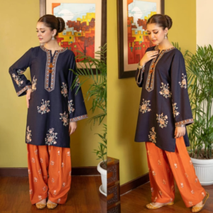 Navy Blue Printed Kurta with Orange Trousers – 2 Piece Embroidered Suit