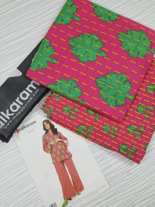 Vibrant Pink Leaf Printed 2-Piece Unstitched Suit - Image 2