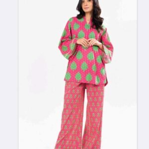 Vibrant Pink Leaf Printed 2-Piece Unstitched Suit
