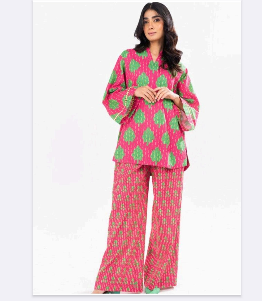 Vibrant Pink Leaf Printed 2-Piece Unstitched Suit