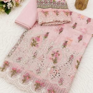 Blush Pink Floral Printed & Embroidered 3-Piece Unstitched Lawn Suit with Schiffli Cutwork