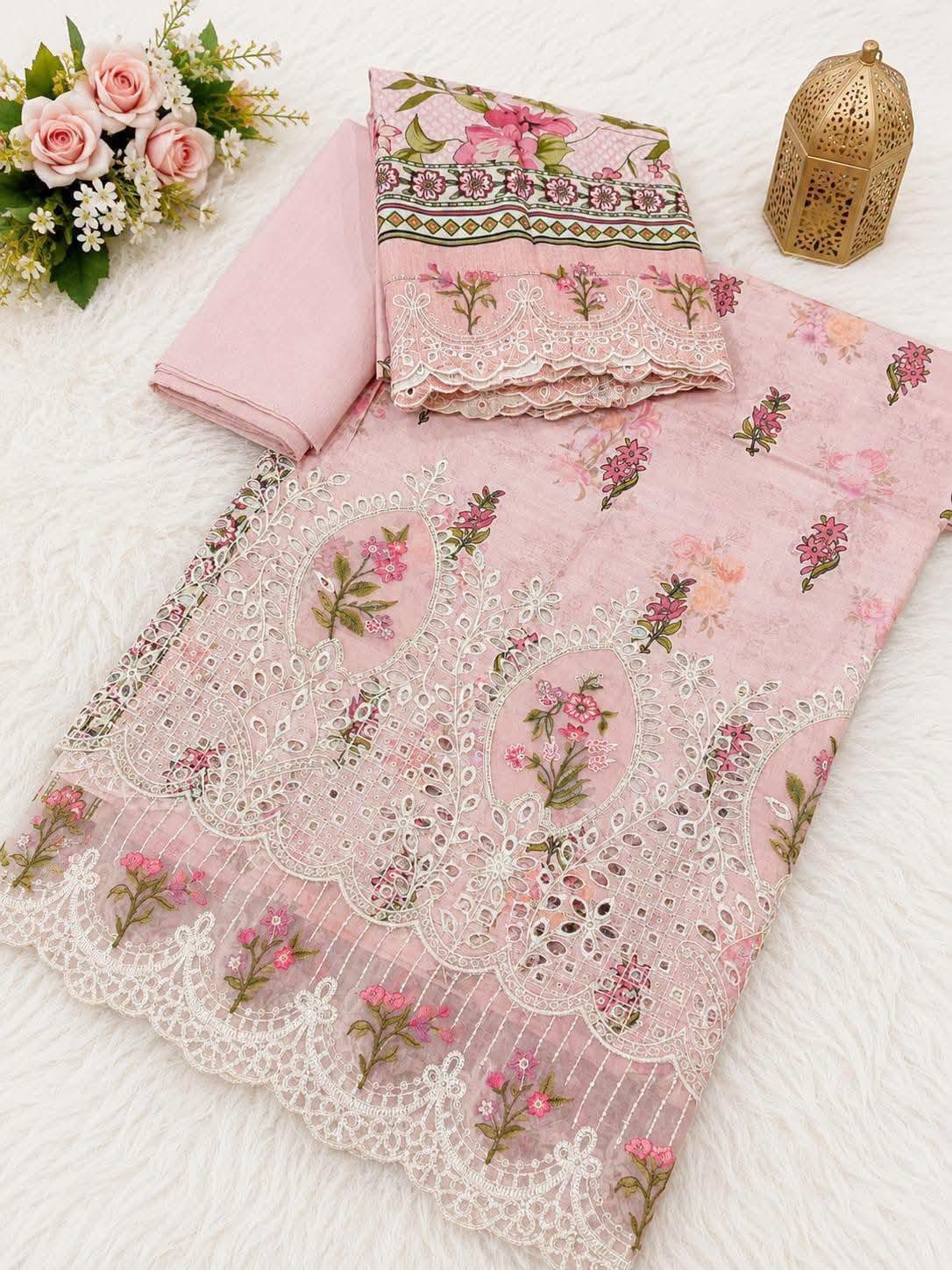 Blush Pink Floral Printed & Embroidered 3-Piece Unstitched Lawn Suit with Schiffli Cutwork