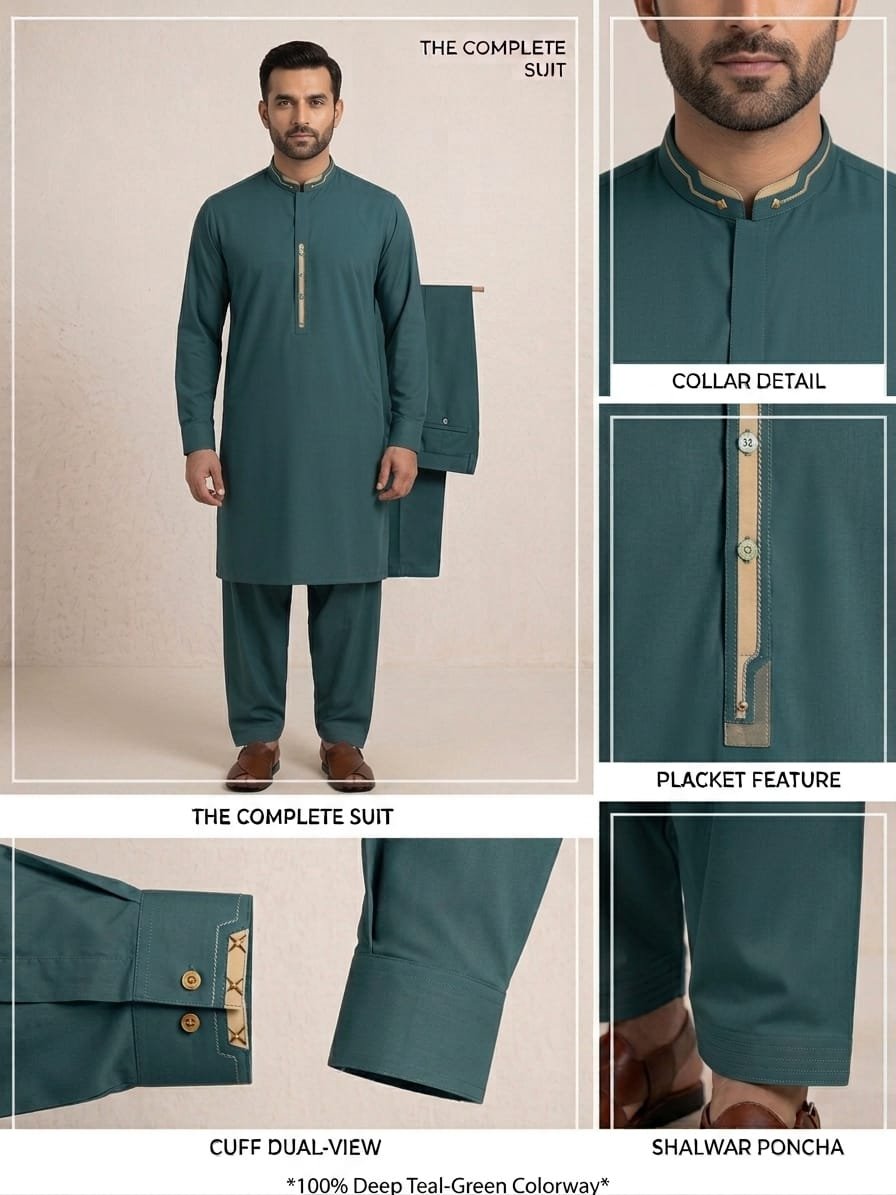 Premium Deep Teal-Green Stitched Shalwar Kameez – Complete Suit