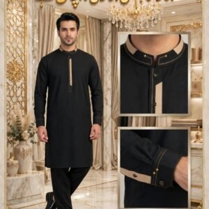 Premium Black & Beige Embroidered Stitched Shalwar Kameez