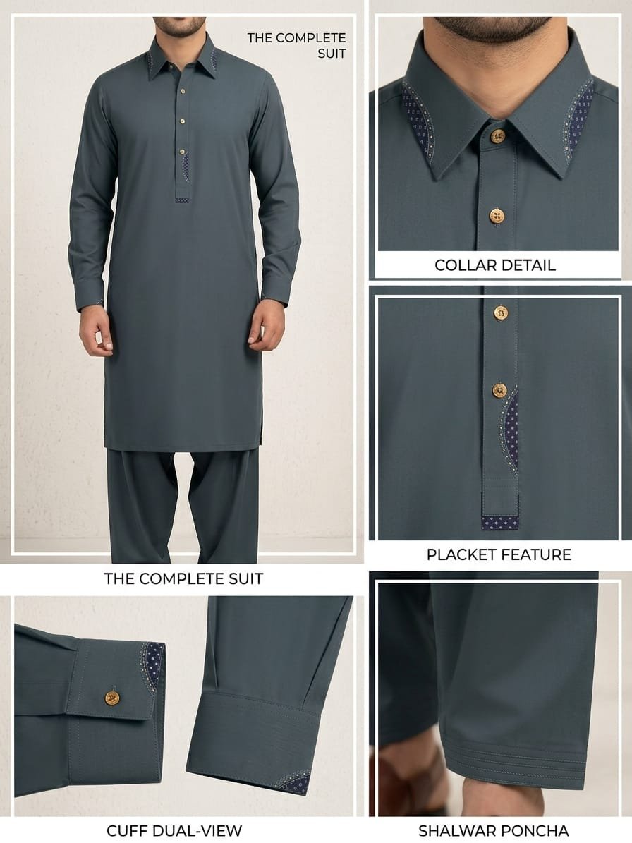 Premium Slate Blue-Grey Shalwar Kameez – Complete Suit