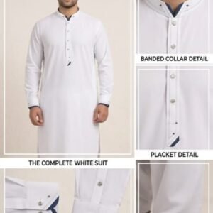 Premium White Shalwar Kameez with Navy Contrast Details – Men’s Collection
